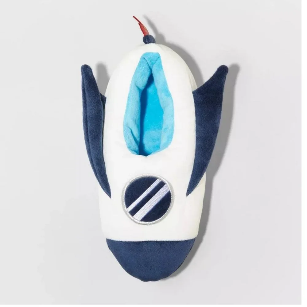 Cat & Jack Boys White Navy Blue Rocket Slippers